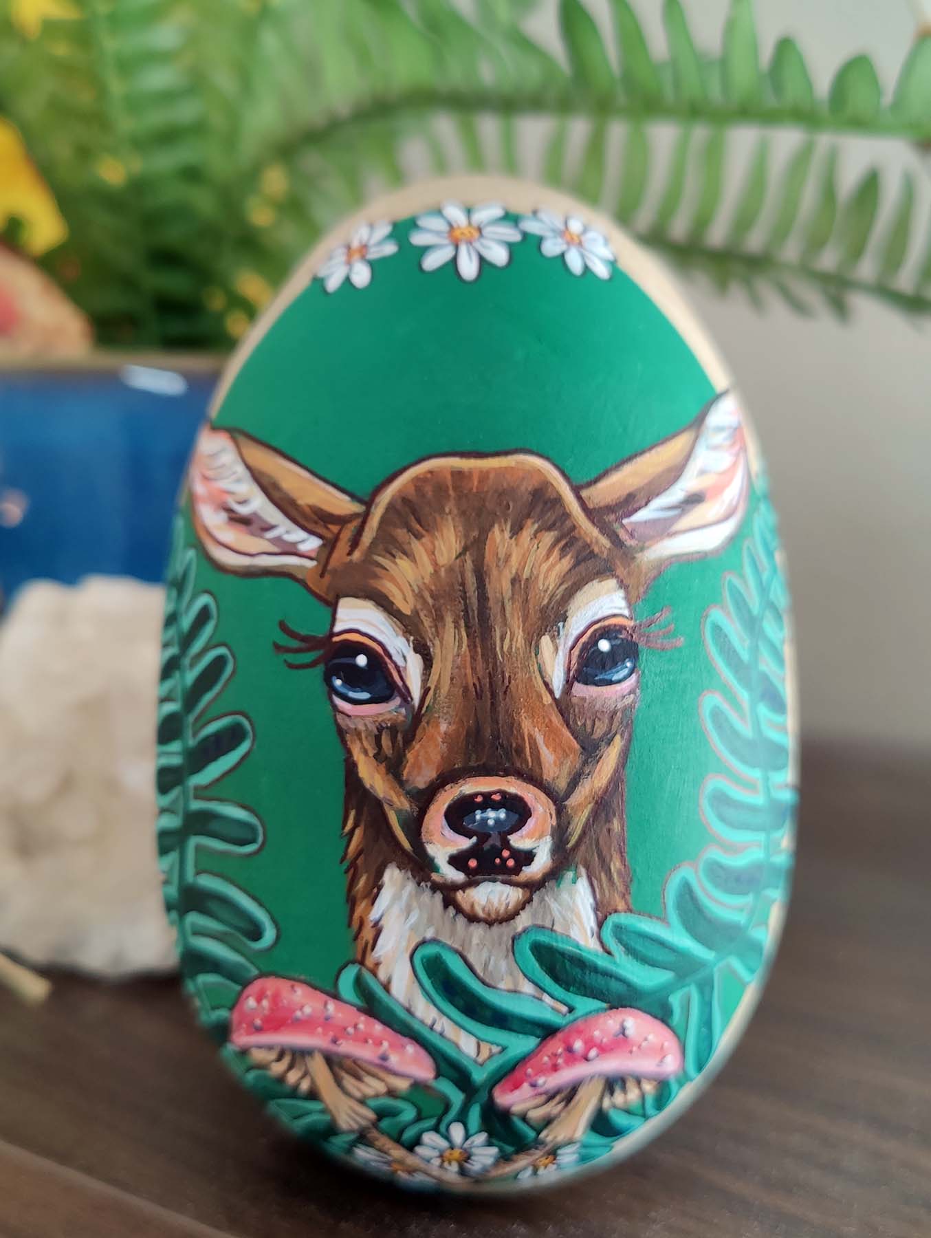 SPRING FAWN Ferns and Mushrooms Painted Wood Egg