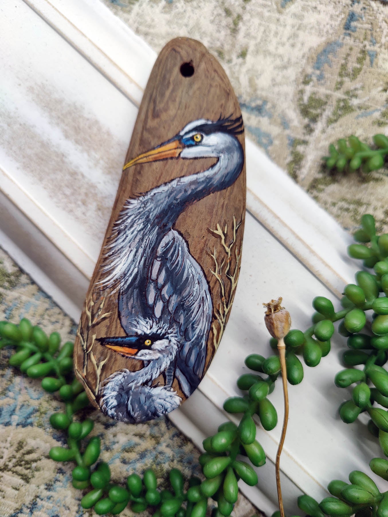 Great Blue Heron MAMA and Baby Painted Driftwood