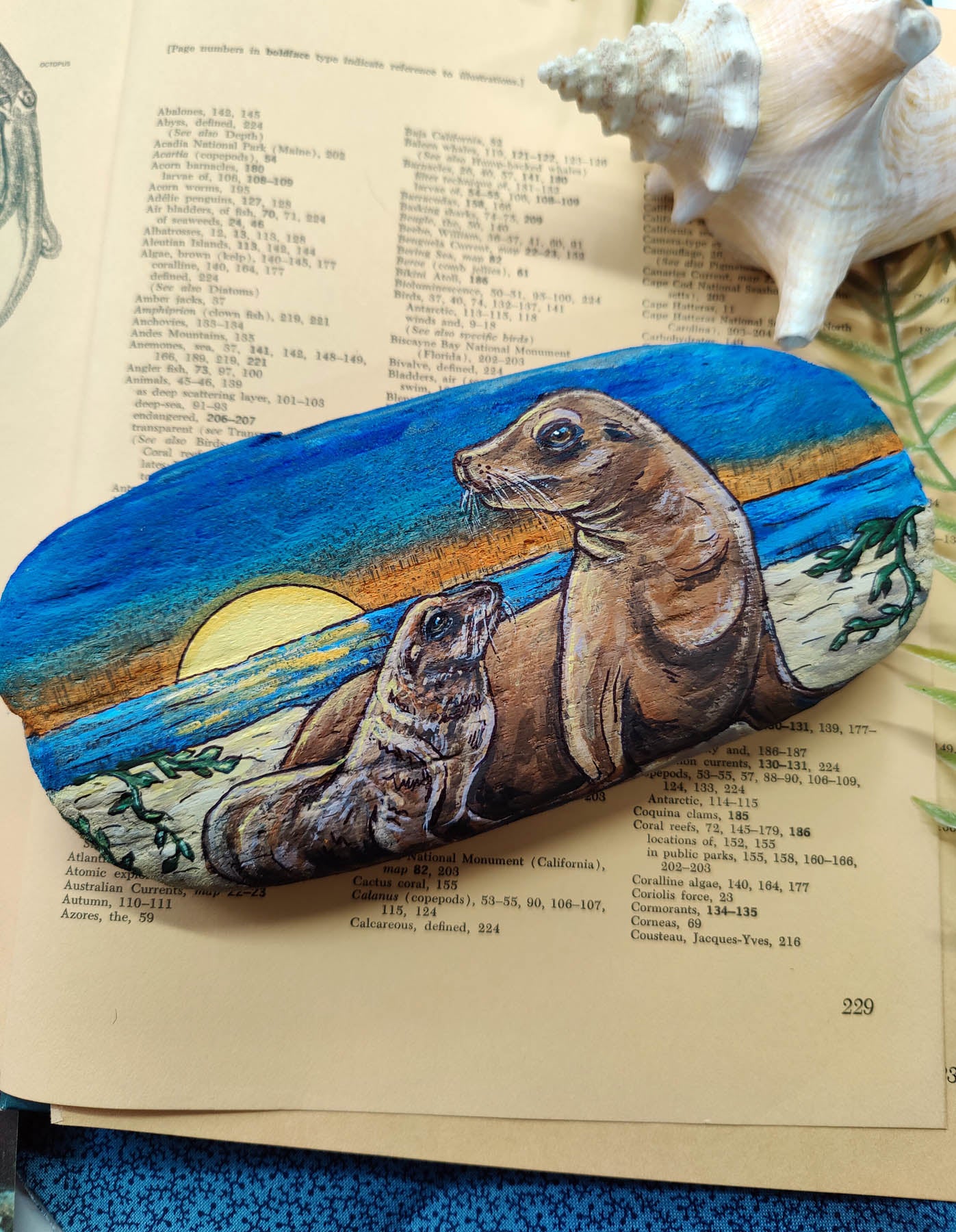 Sea Lion MAMA and Pup Painted Driftwood