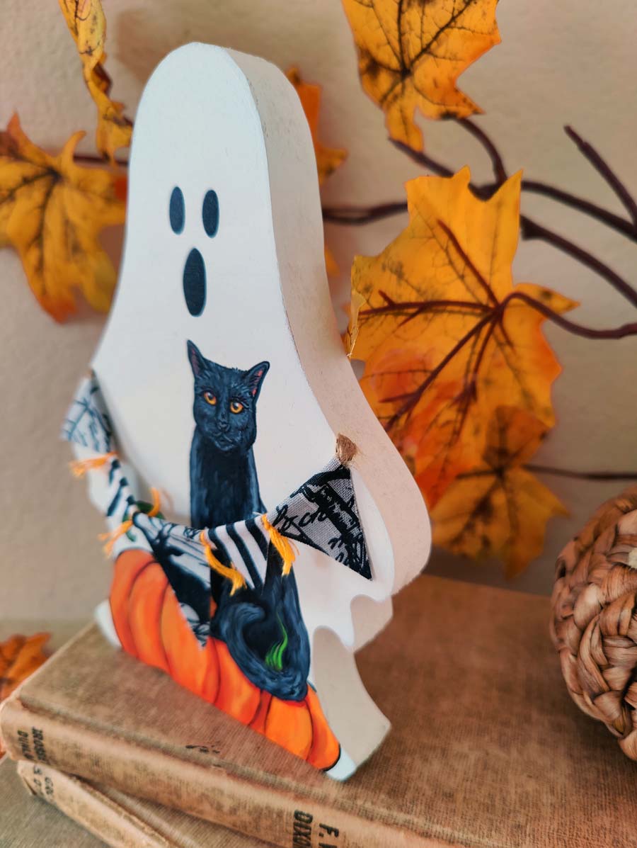 Hand Painted GHOST with BLACK CAT and Fabric Banner Decor, Wooden Ghost Shelf Sitter