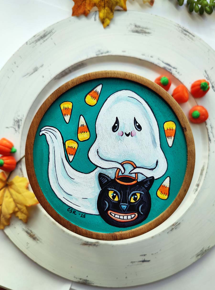 Vintage Cat Treat Bucket GHOST Hand Painted Candy Jar