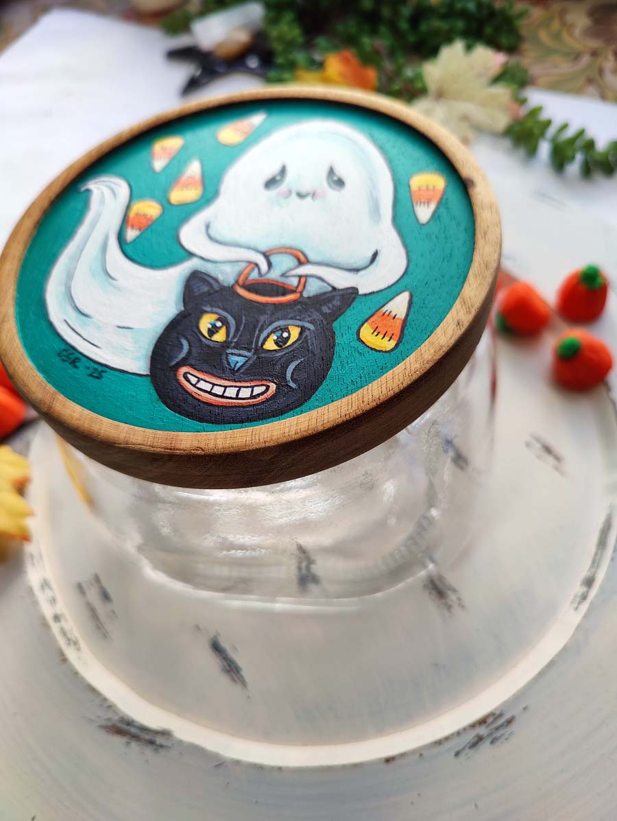 Vintage Cat Treat Bucket GHOST Hand Painted Candy Jar