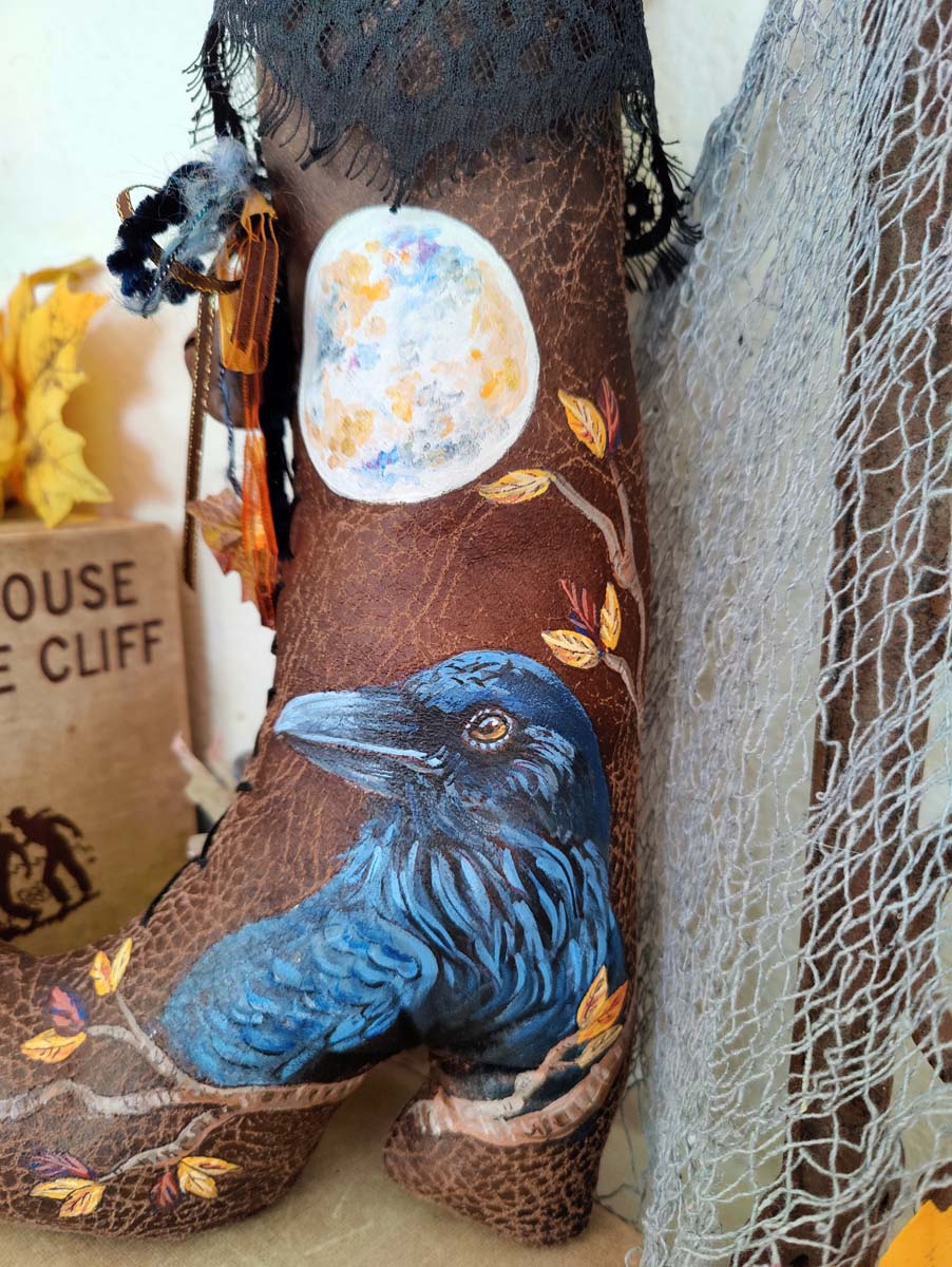 Painted WITCH BOOT Faux Leather Autumn Decor