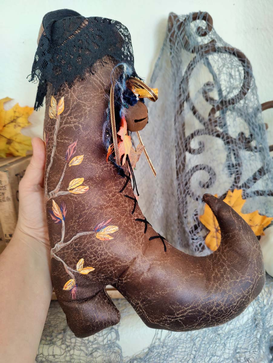 Painted WITCH BOOT Faux Leather Autumn Decor