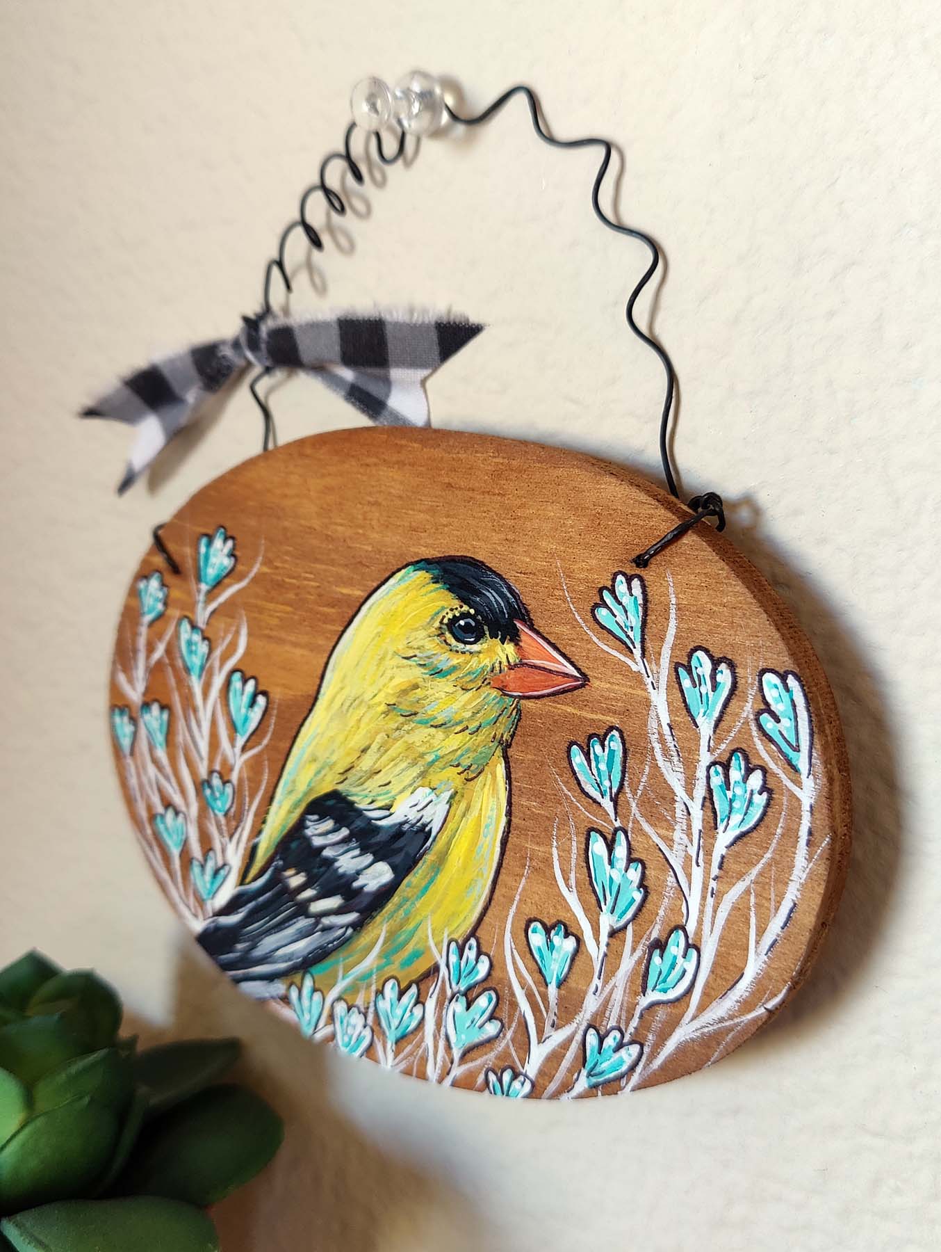 GOLDFINCH with Folksy FLOWERS Painted Wood Art