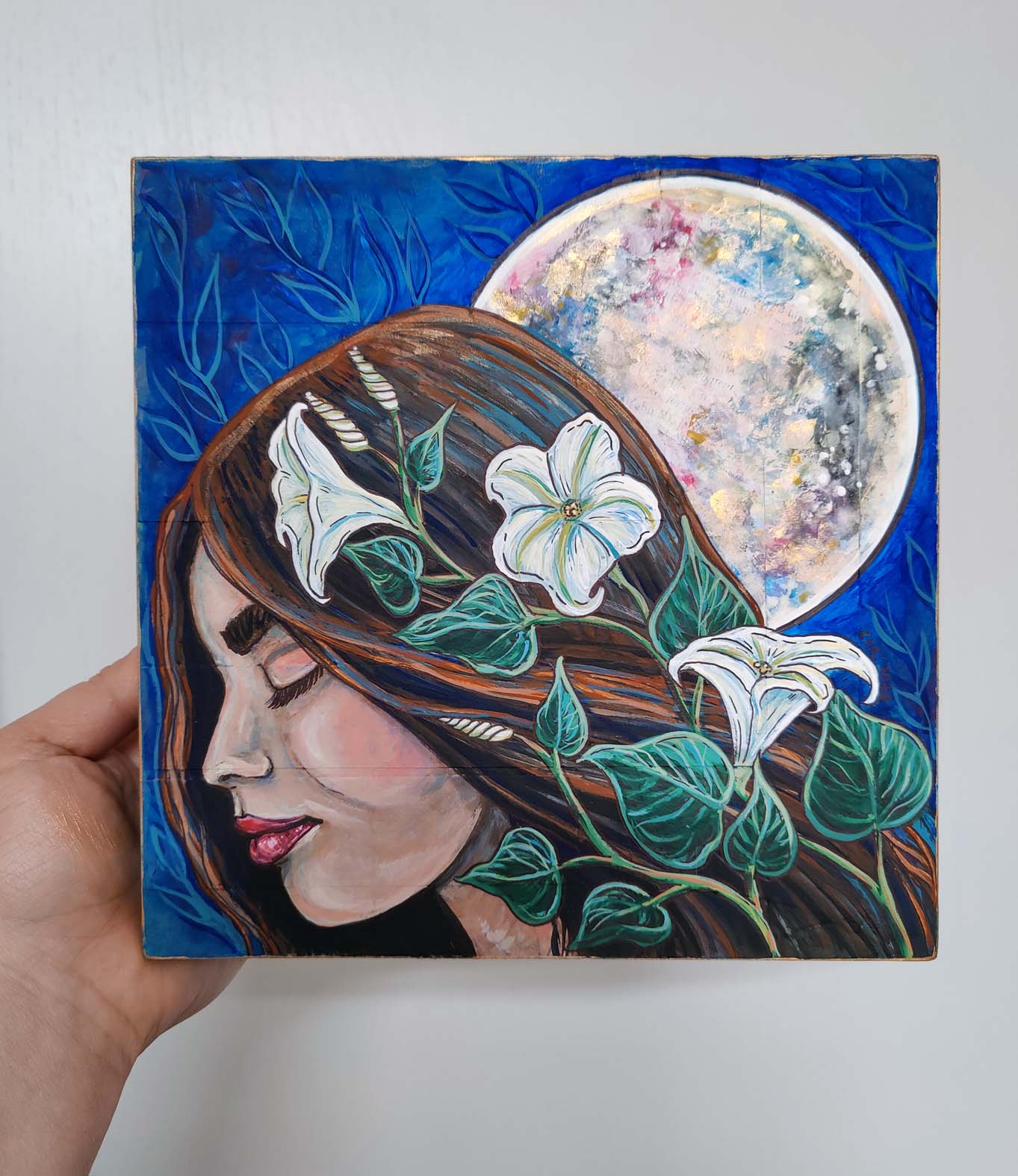 Moonflower Maiden ORIGINAL ART on Wood Cradle Board