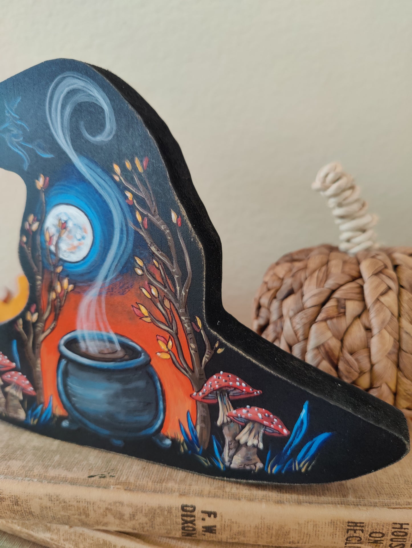 WITCH'S BREW Halloween Home Decor, Painted Wooden Witch Hat