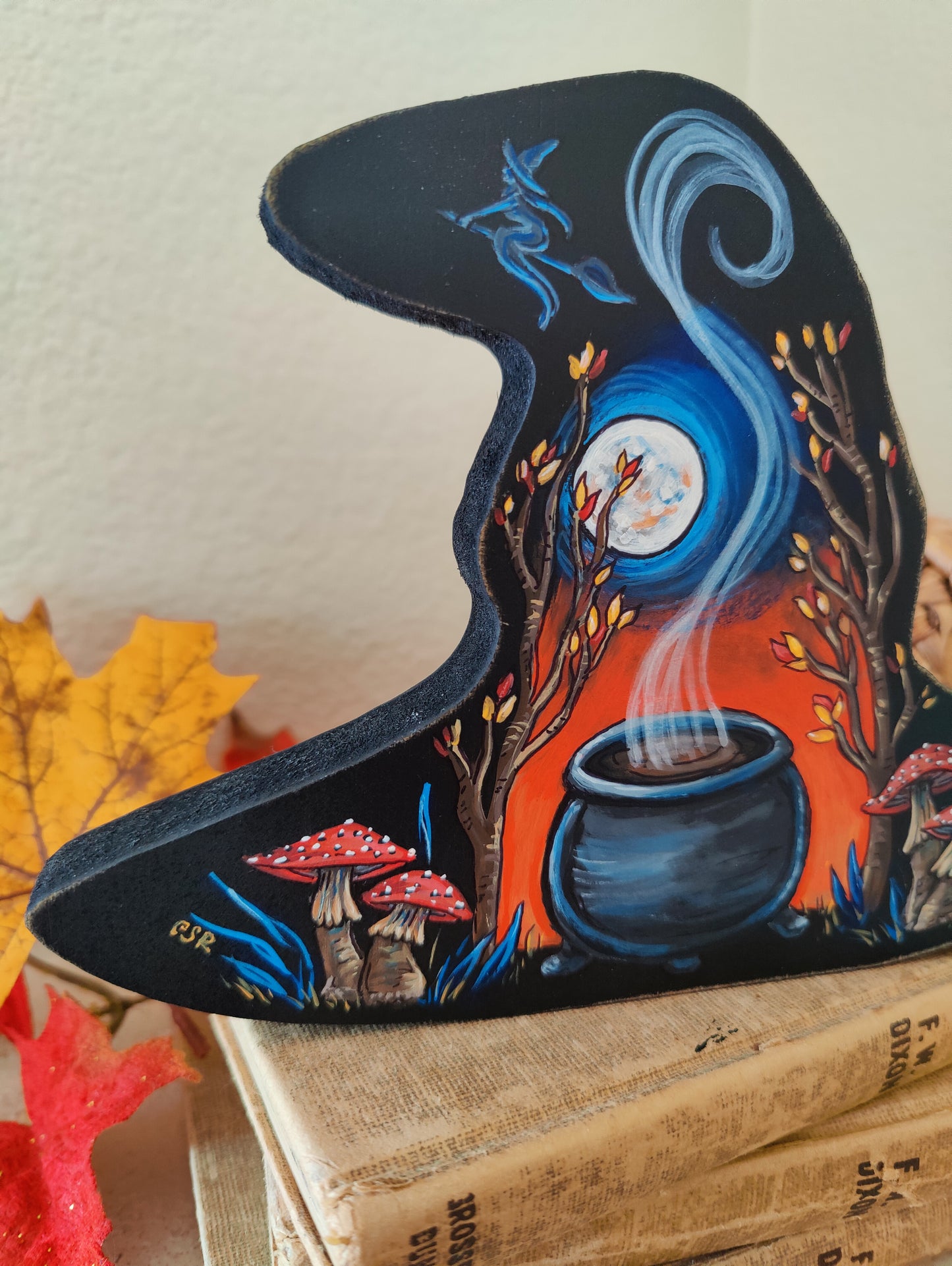 WITCH'S BREW Halloween Home Decor, Painted Wooden Witch Hat