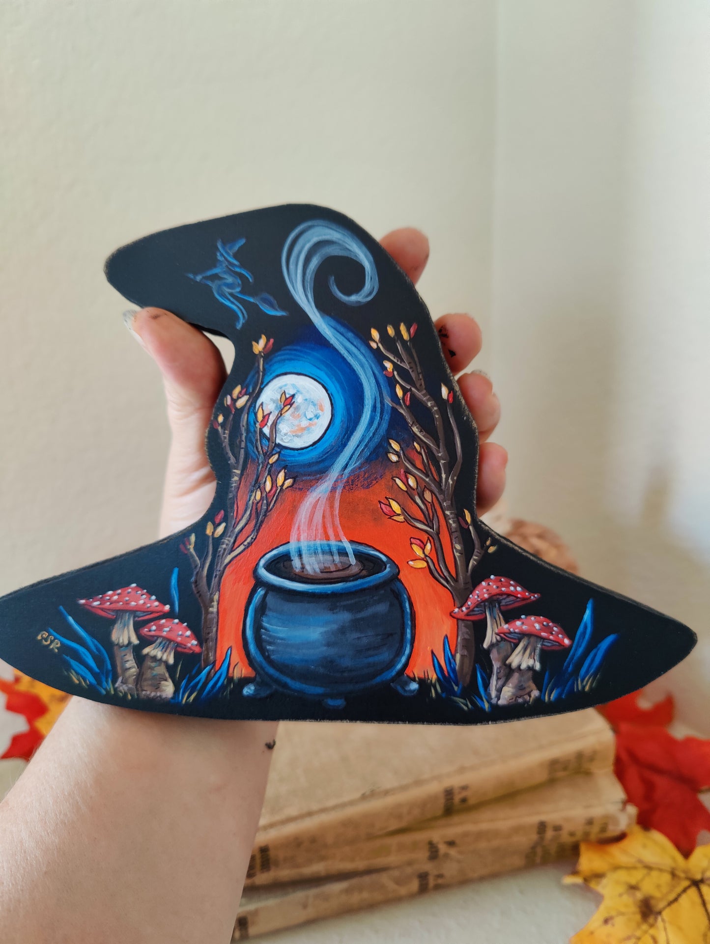 WITCH'S BREW Halloween Home Decor, Painted Wooden Witch Hat