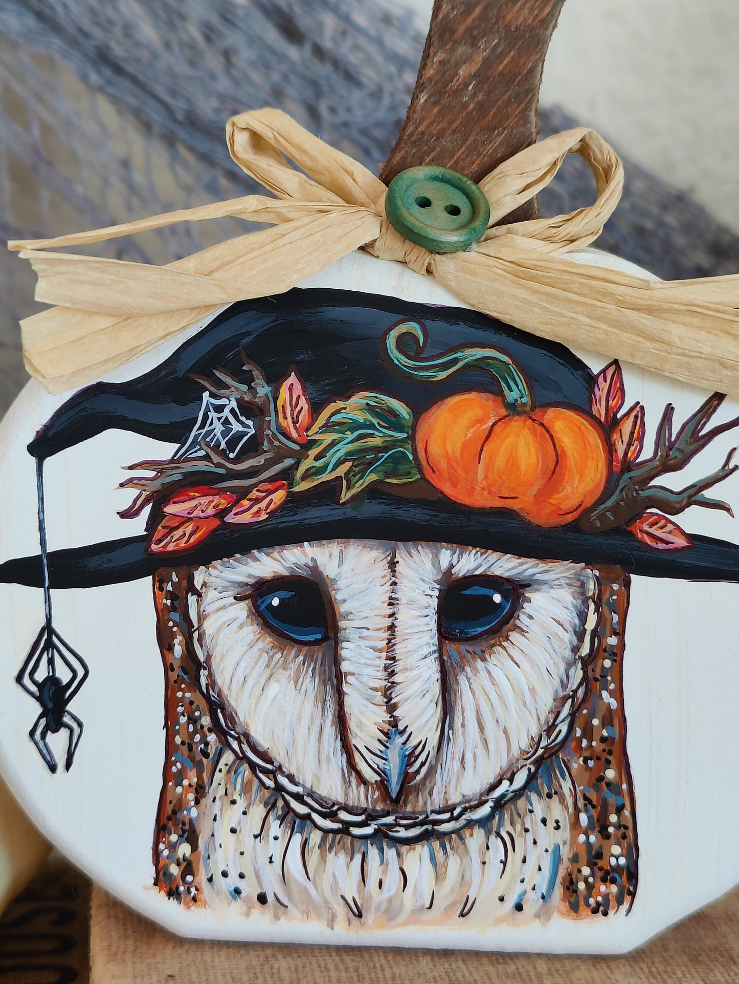 Barn Owl in Witch Hat Home Decor, Painted Wooden Pumpkin