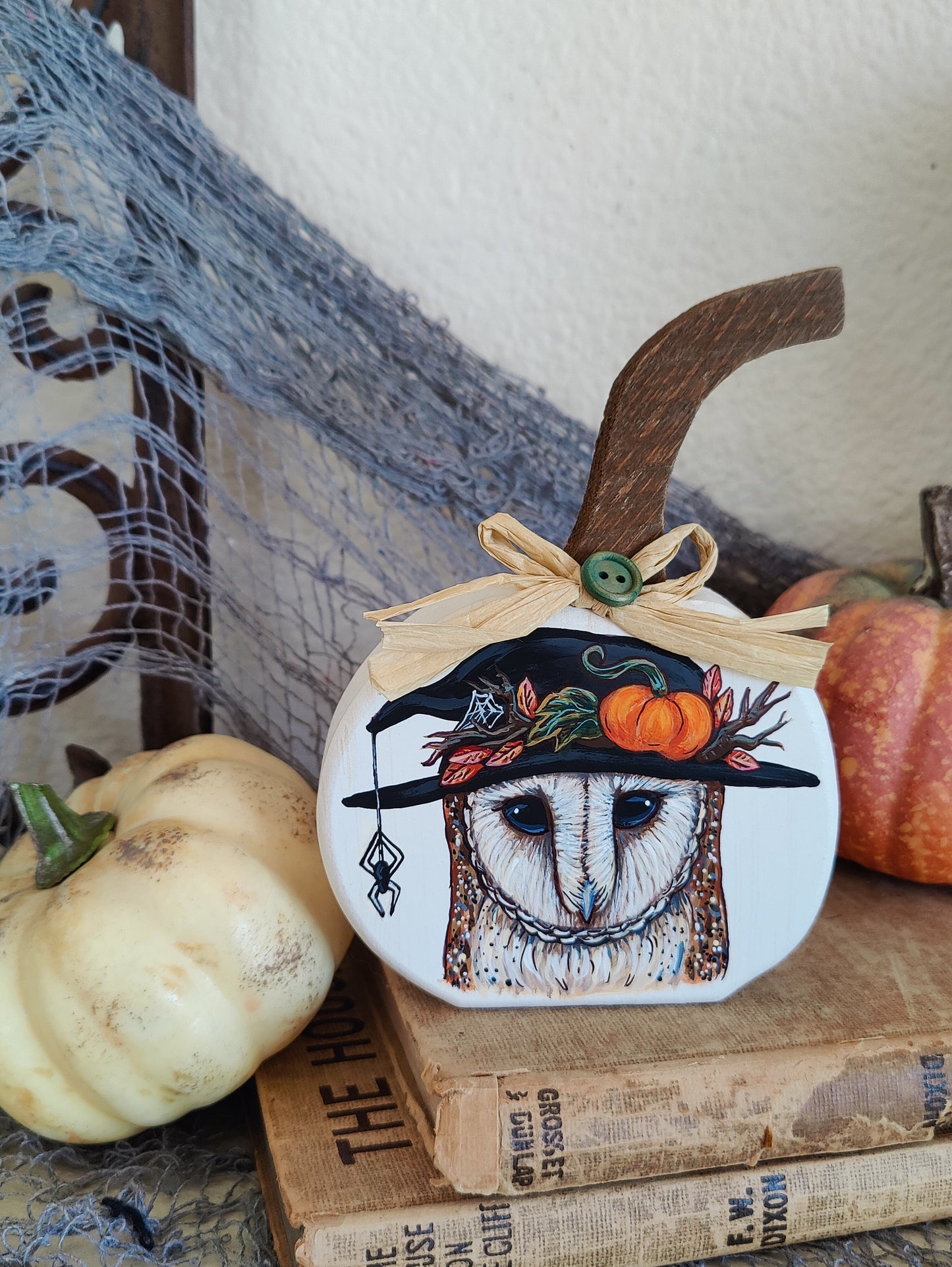 Barn Owl in Witch Hat Home Decor, Painted Wooden Pumpkin