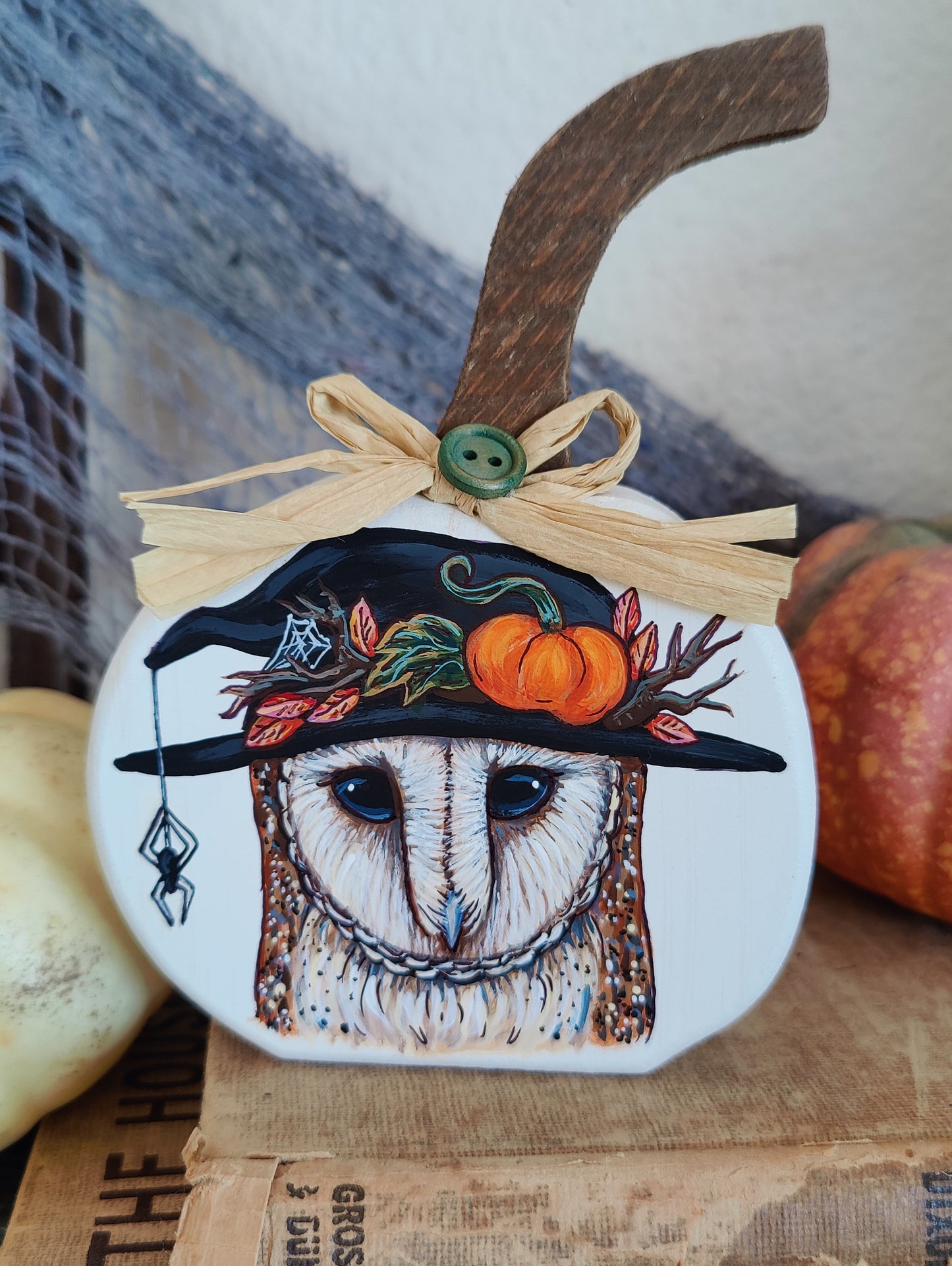 Barn Owl in Witch Hat Home Decor, Painted Wooden Pumpkin