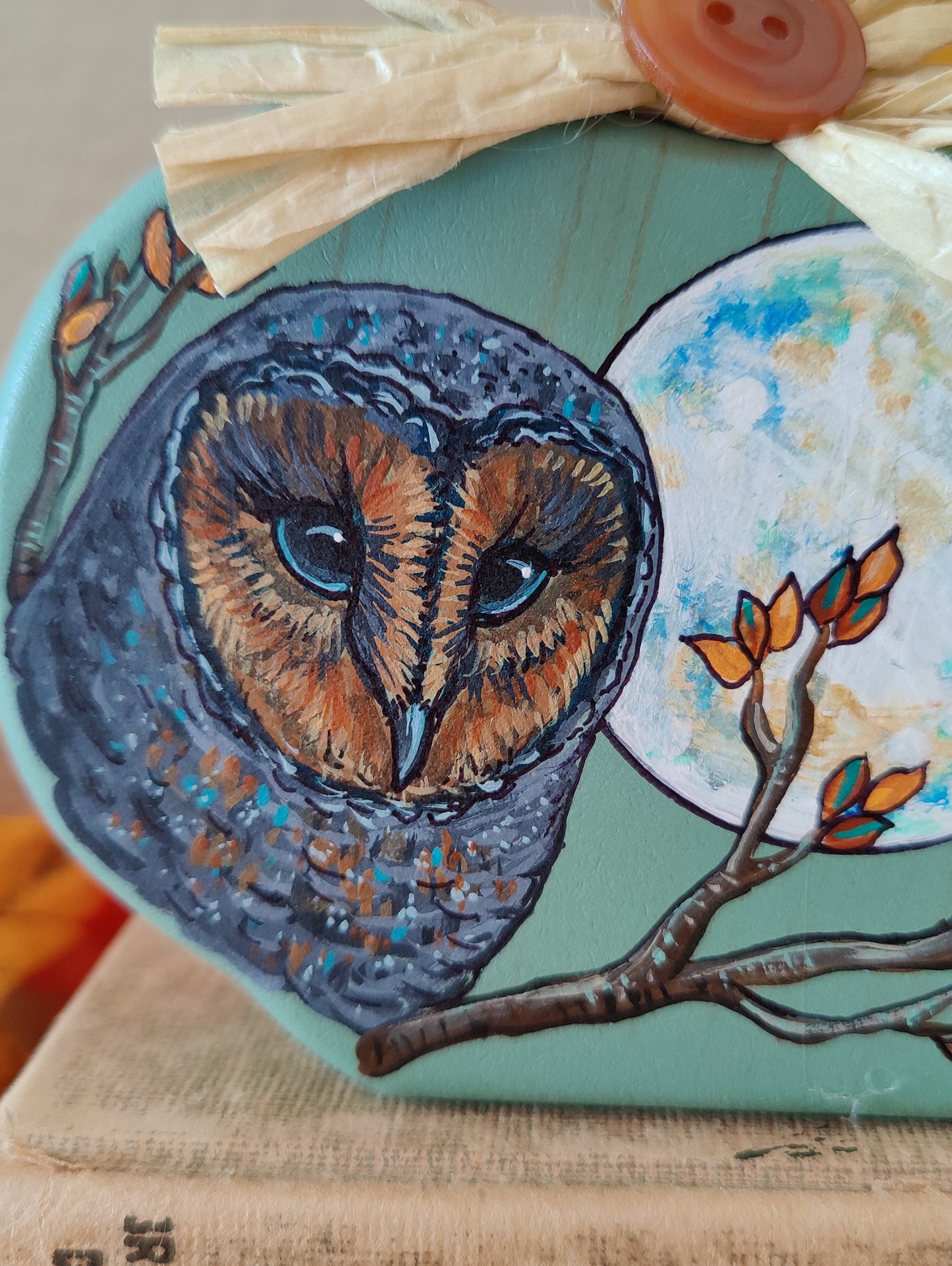 Autumn Leaves BARN OWL Decor, Painted Wooden Pumpkin