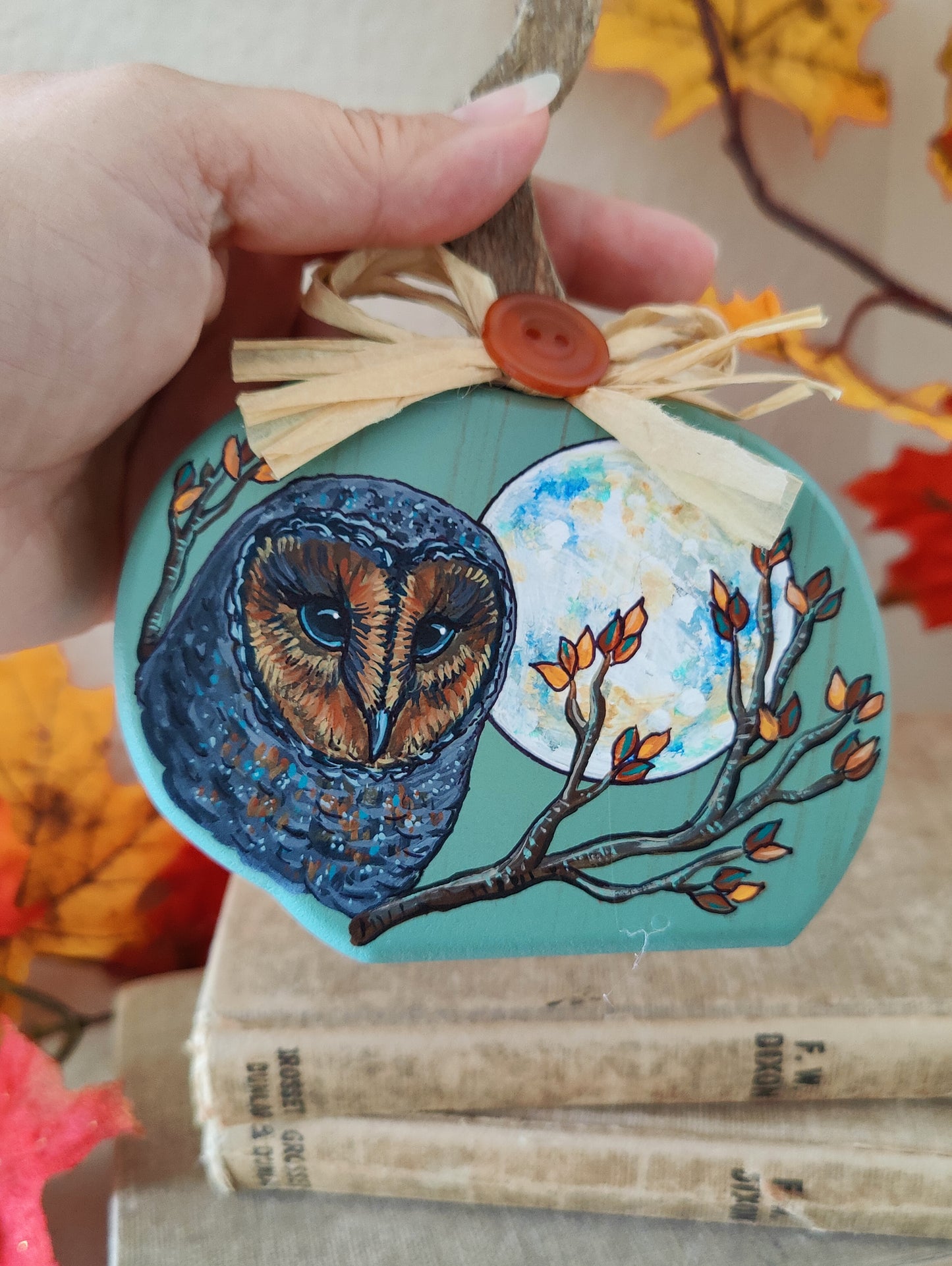 Autumn Leaves BARN OWL Decor, Painted Wooden Pumpkin