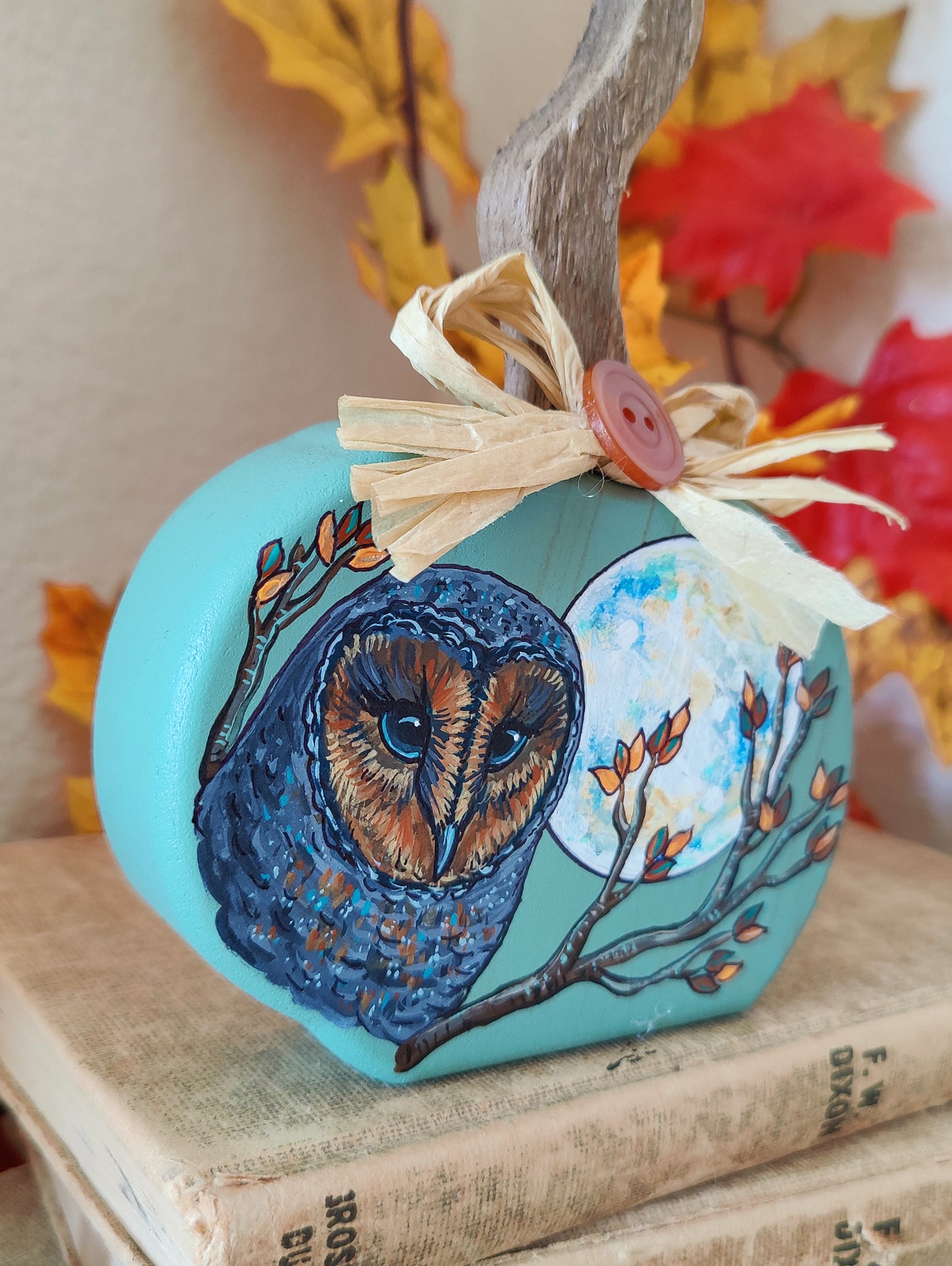 Autumn Leaves BARN OWL Decor, Painted Wooden Pumpkin
