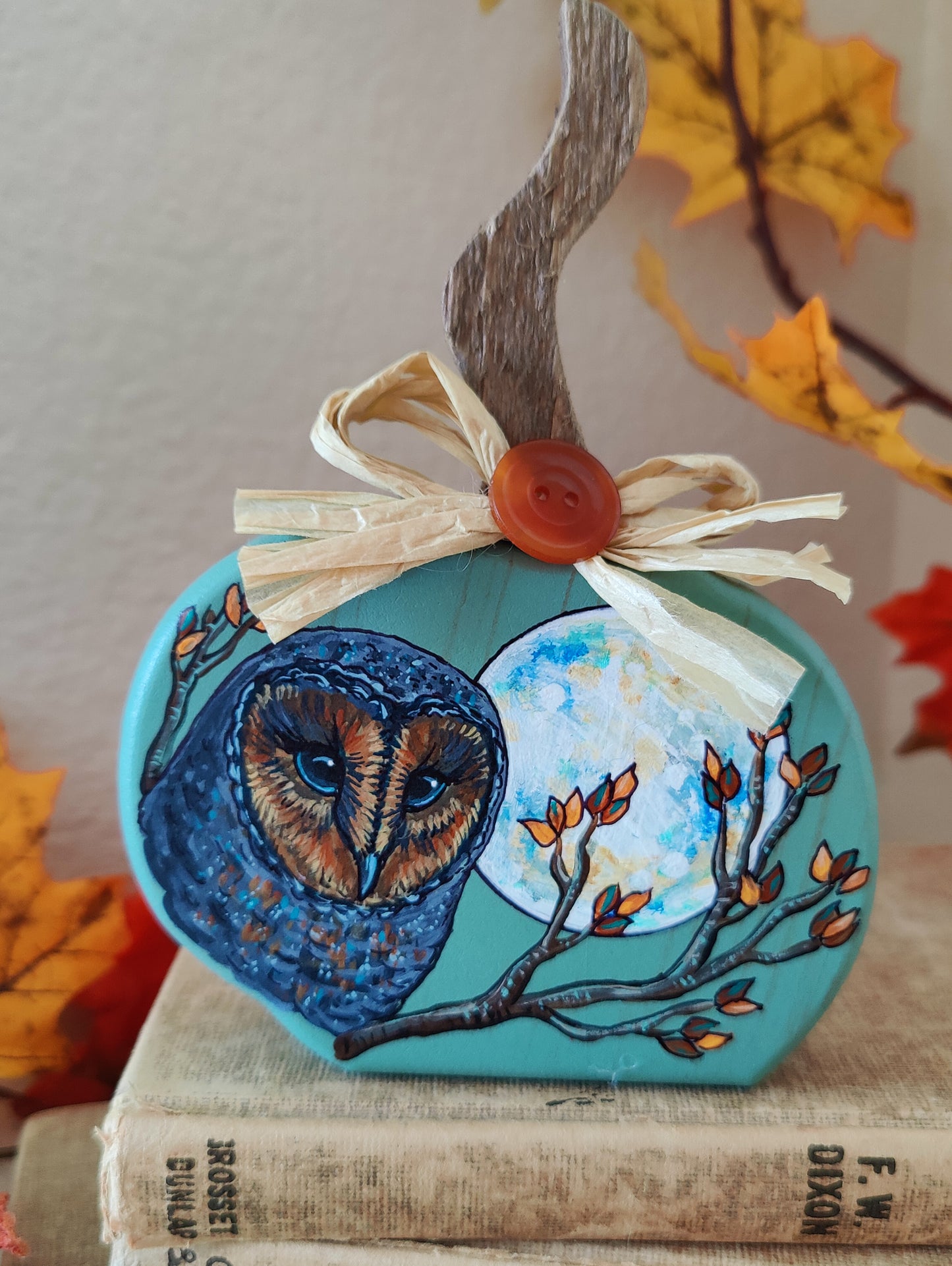 Autumn Leaves BARN OWL Decor, Painted Wooden Pumpkin