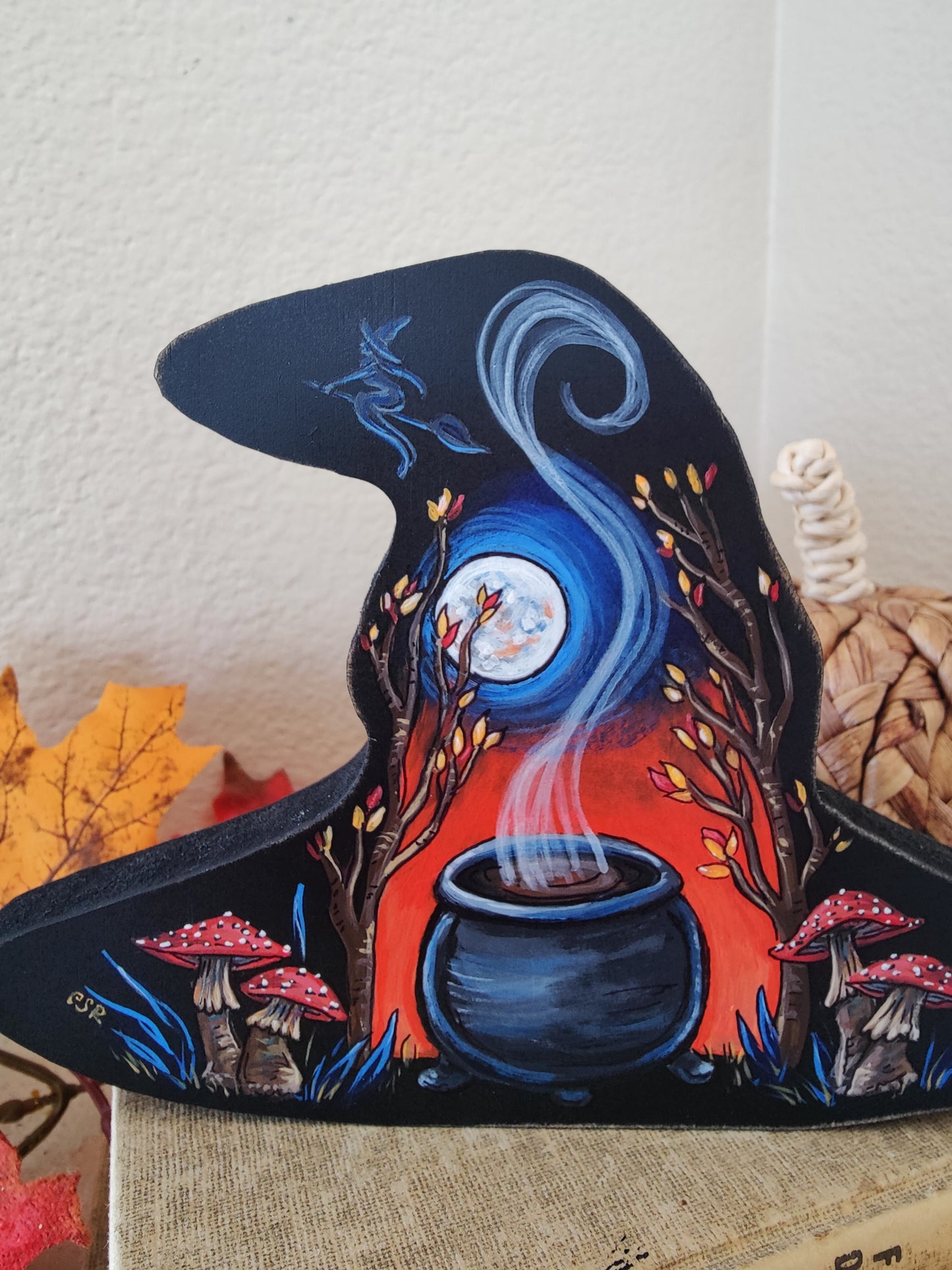 WITCH'S BREW Halloween Home Decor, Painted Wooden Witch Hat