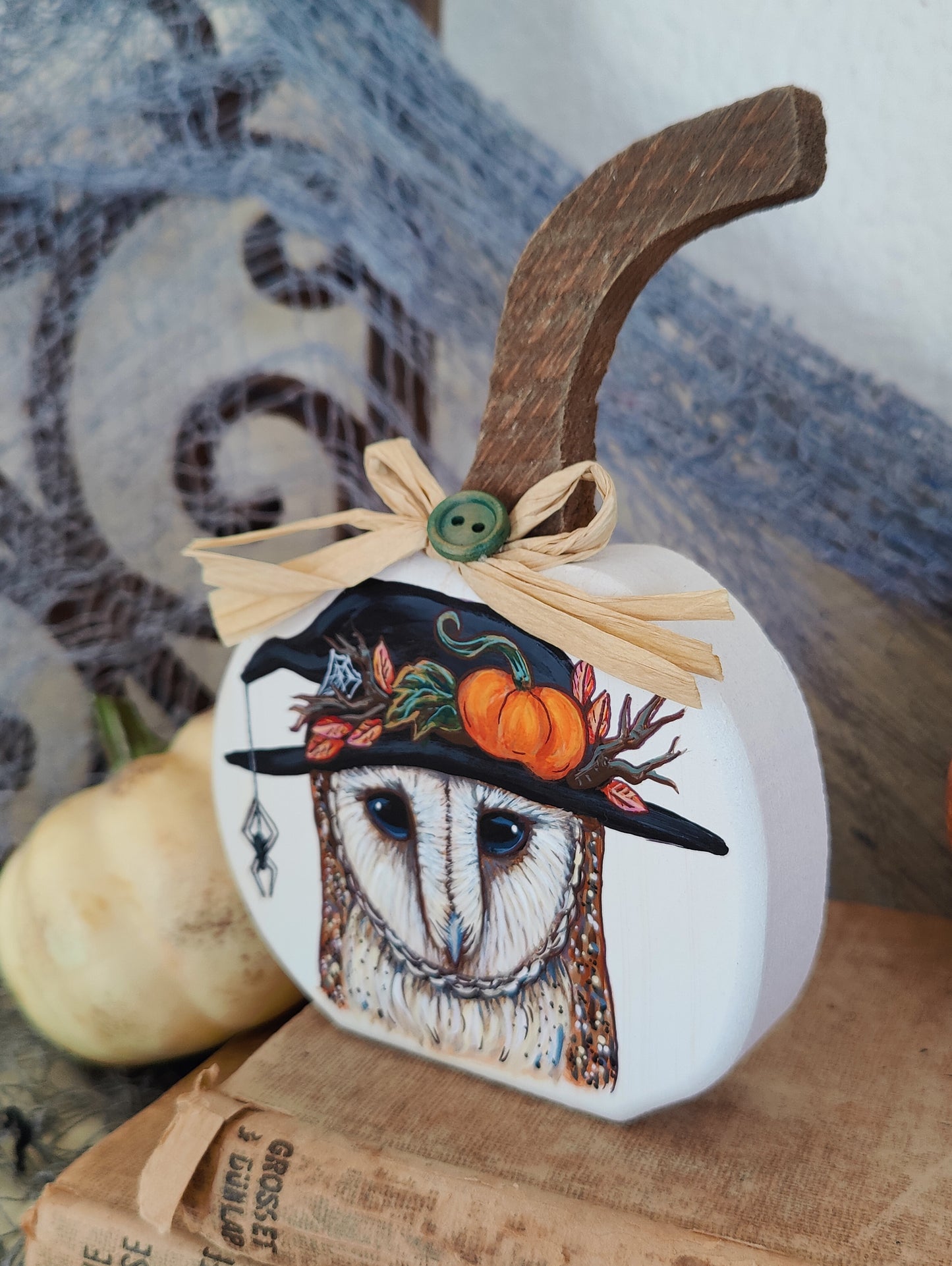 Barn Owl in Witch Hat Home Decor, Painted Wooden Pumpkin