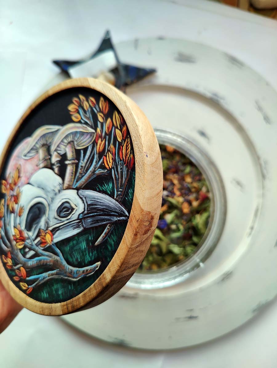 Autumn Night CROW SKULL Hand Painted Glass Storage Jar