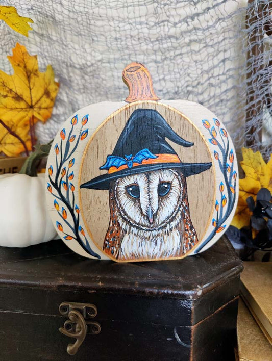 Barn Owl in Witch Hat Home Decor, Painted Wooden Pumpkin