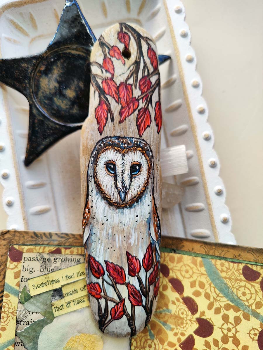 Autumn Branches OWL Painted Driftwood Hanging Ornament