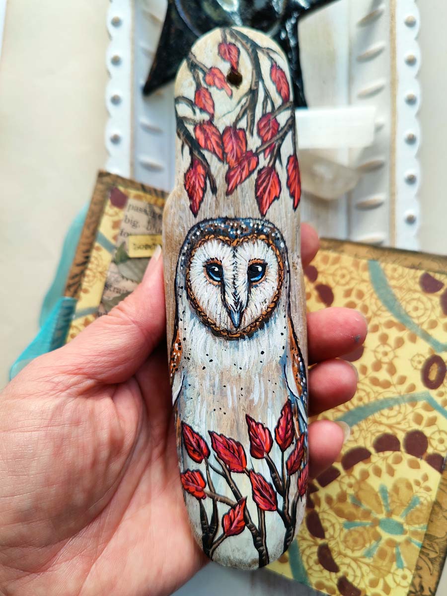 Autumn Branches OWL Painted Driftwood Hanging Ornament