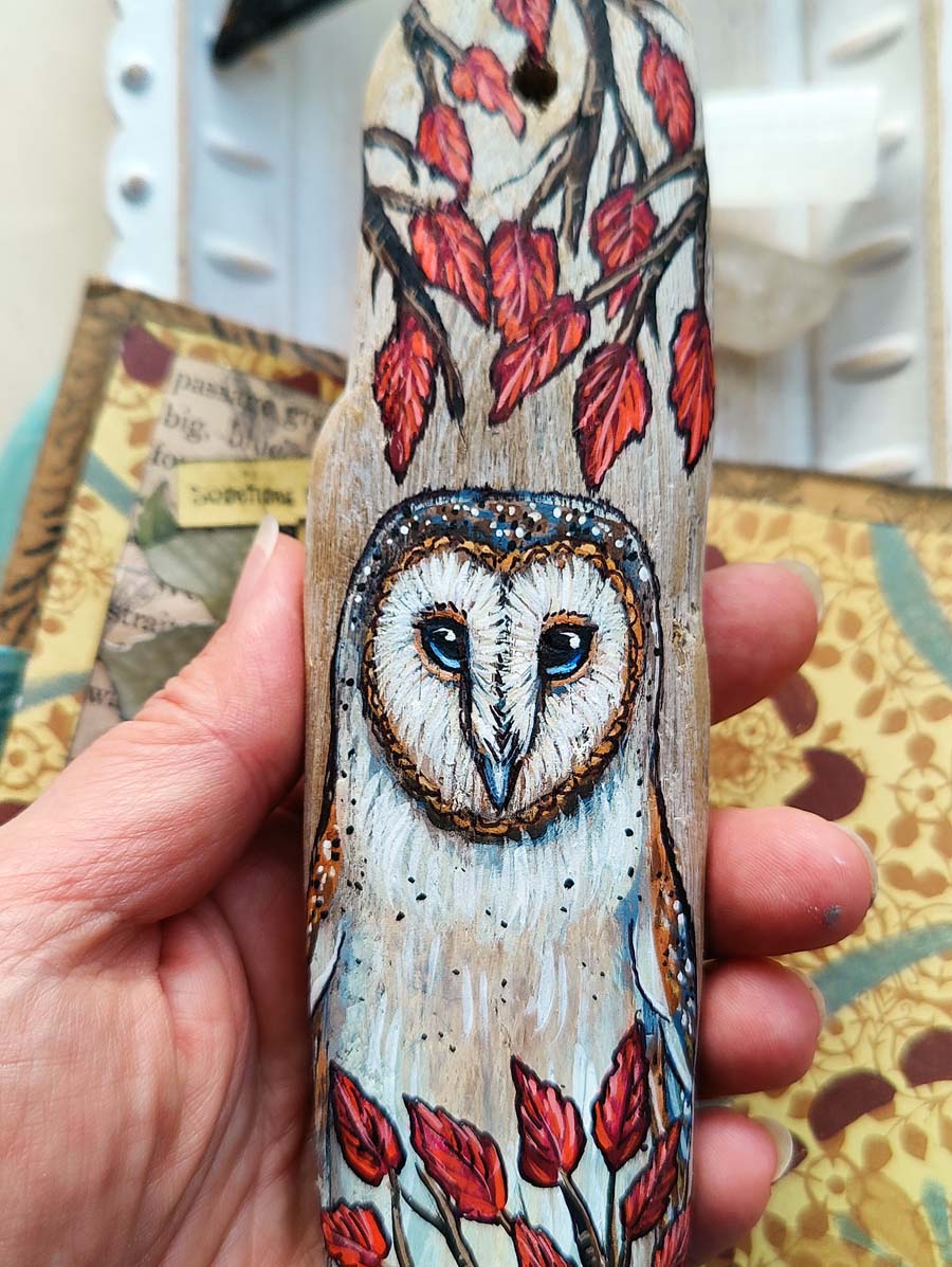 Autumn Branches OWL Painted Driftwood Hanging Ornament