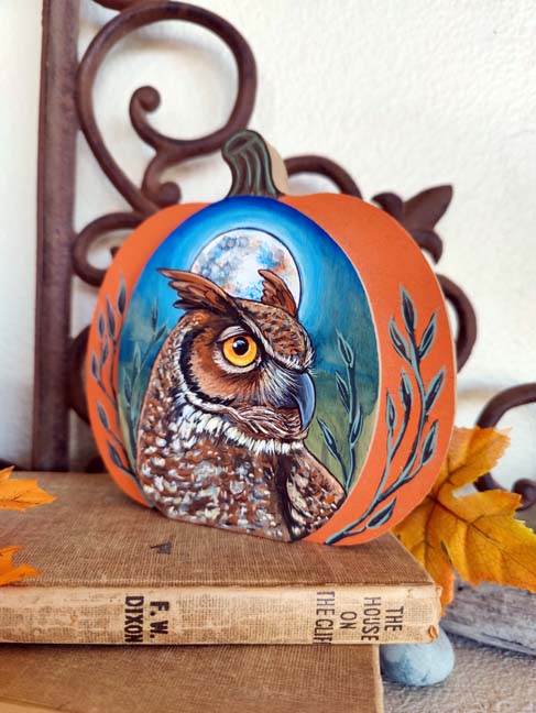 Harvest Moon GREAT HORNED OWL Home Decor, Painted Wooden Pumpkin