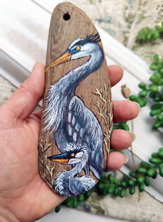 Great Blue Heron MAMA and Baby Painted Driftwood
