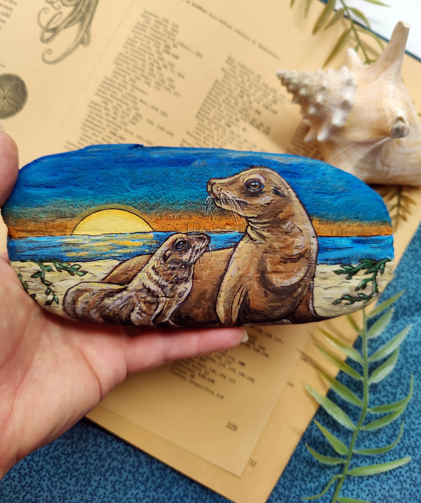 Sea Lion MAMA and Pup Painted Driftwood