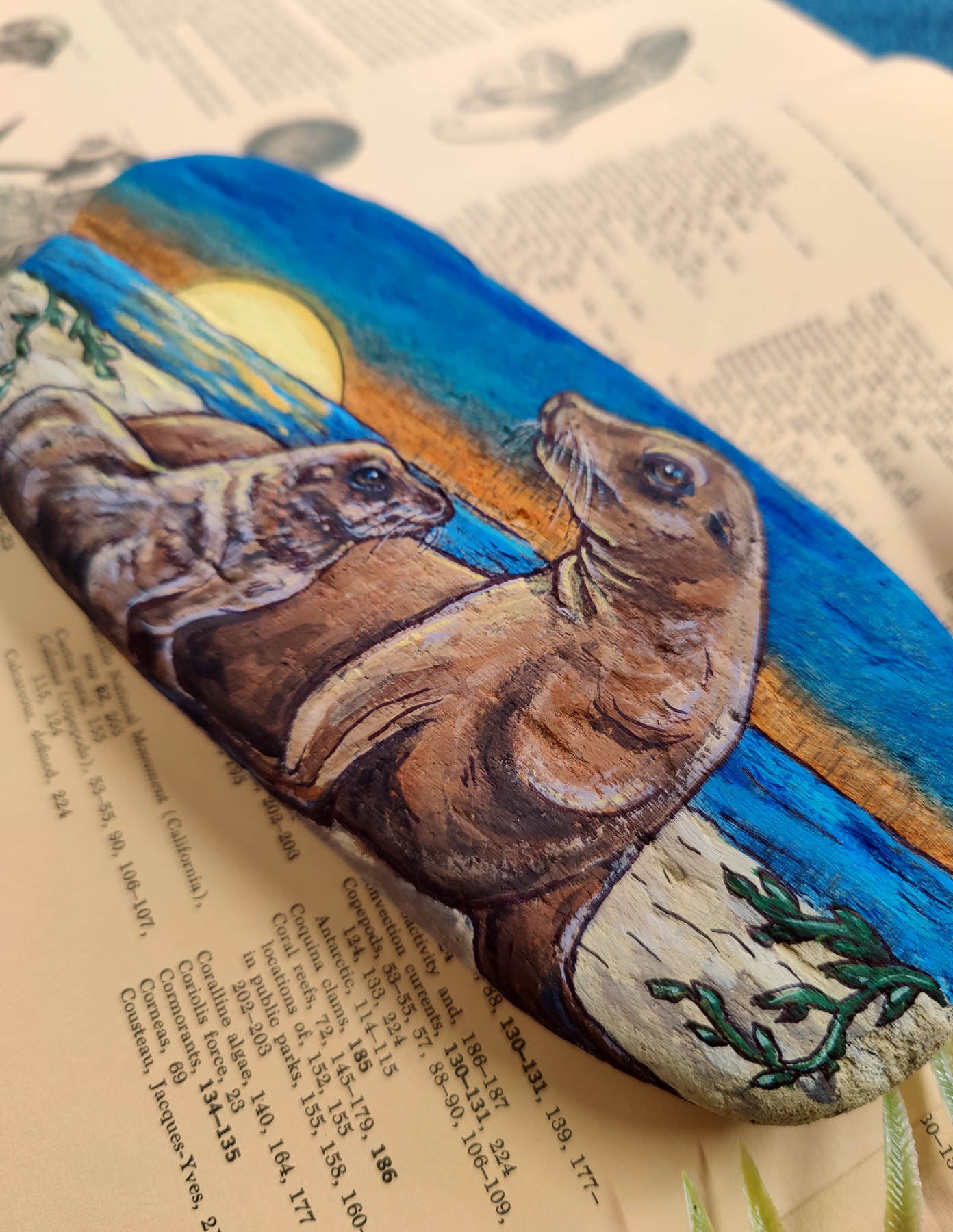 Sea Lion MAMA and Pup Painted Driftwood