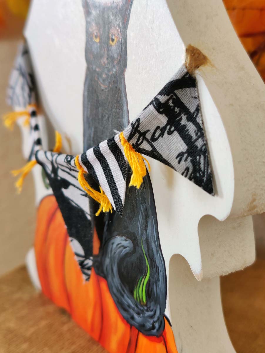 Hand Painted GHOST with BLACK CAT and Fabric Banner Decor, Wooden Ghost Shelf Sitter
