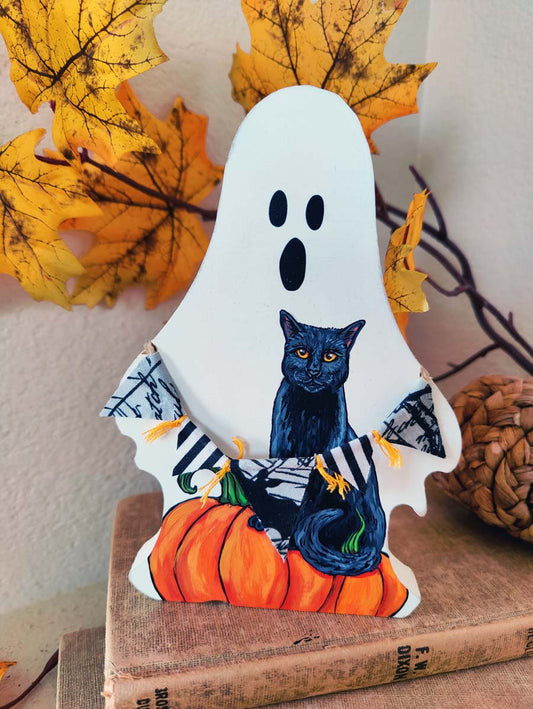 Hand Painted GHOST with BLACK CAT and Fabric Banner Decor, Wooden Ghost Shelf Sitter