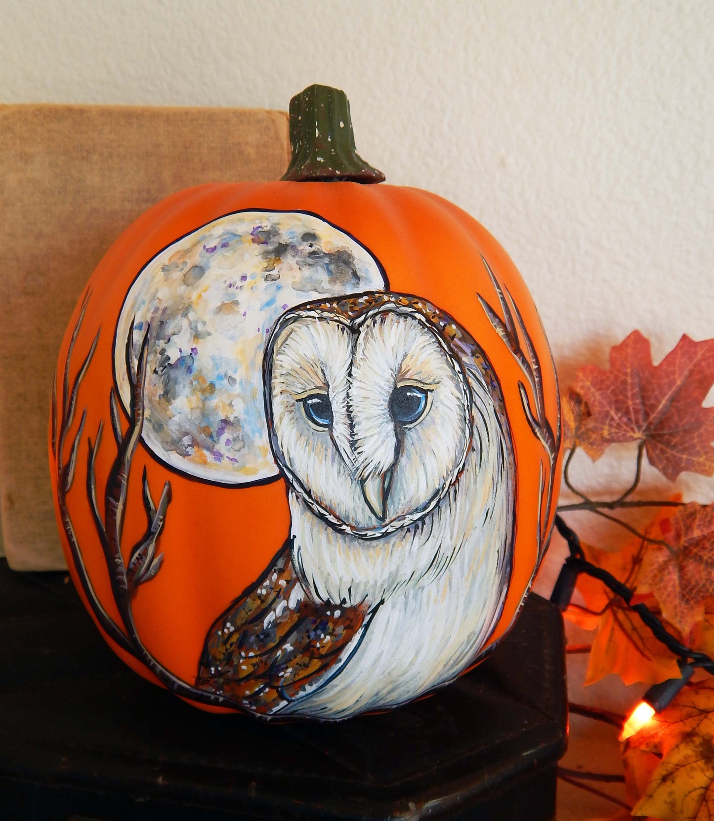 BARN OWL Painted Faux Pumpkin, Halloween Pumpkin Decor