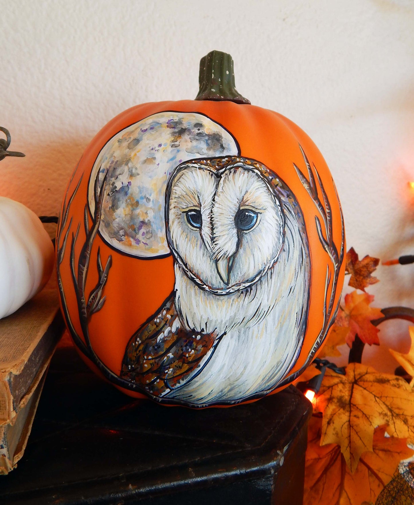 BARN OWL Painted Faux Pumpkin, Halloween Pumpkin Decor
