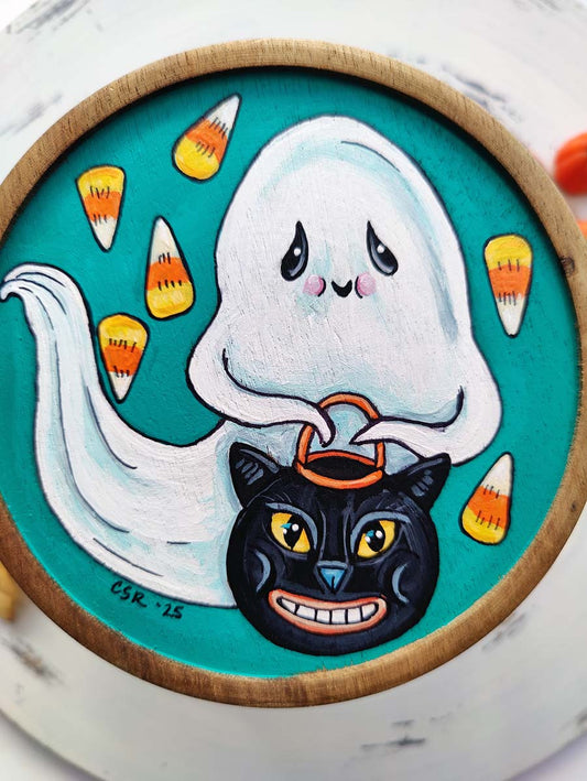 Vintage Cat Treat Bucket GHOST Hand Painted Candy Jar
