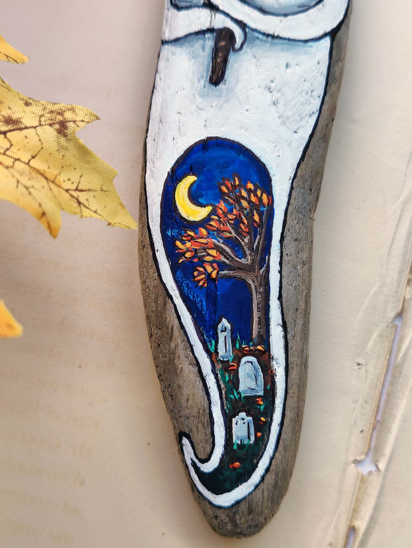 Cemetery GHOST with Fall Branch Painted Driftwood Ornament