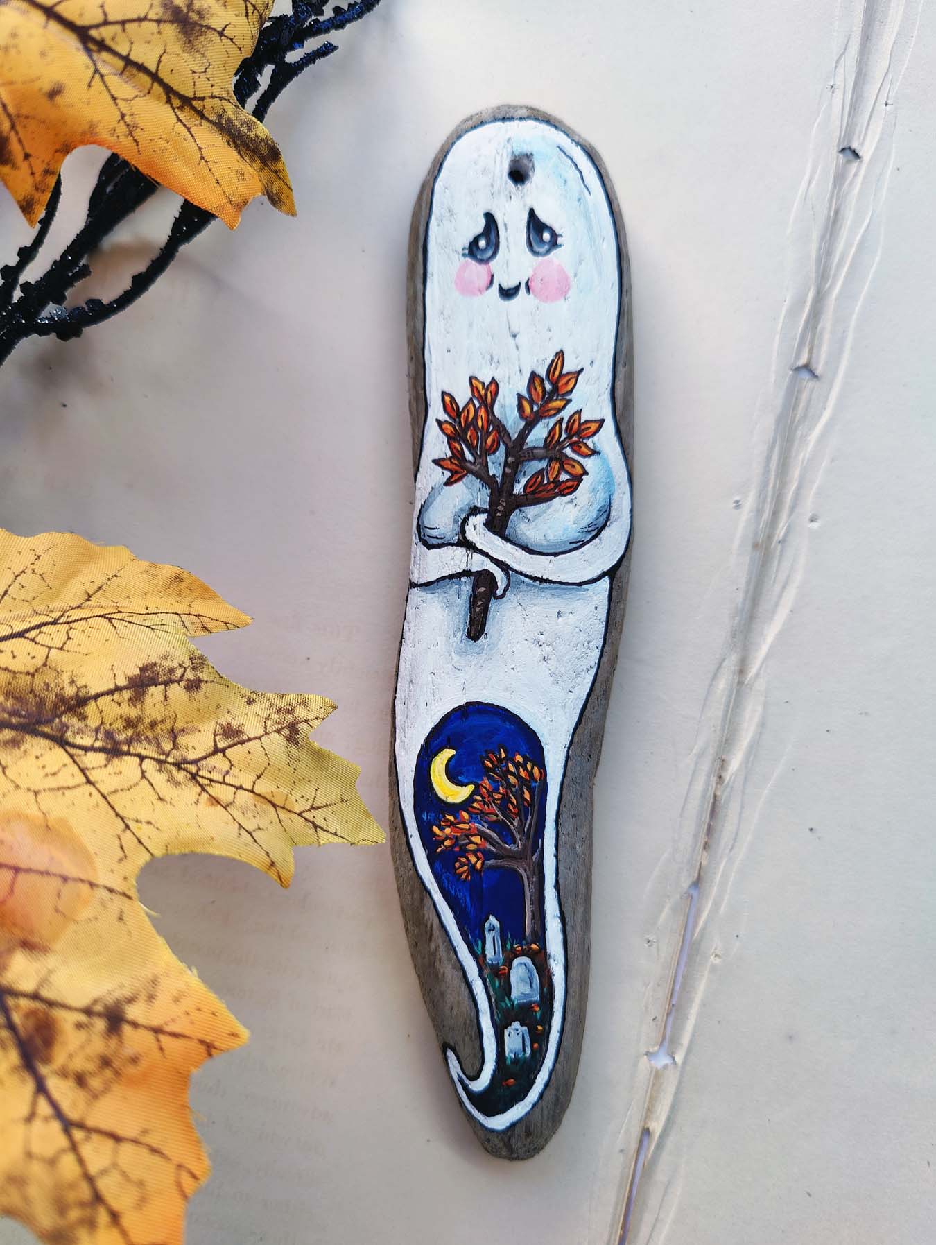 Cemetery GHOST with Fall Branch Painted Driftwood Ornament