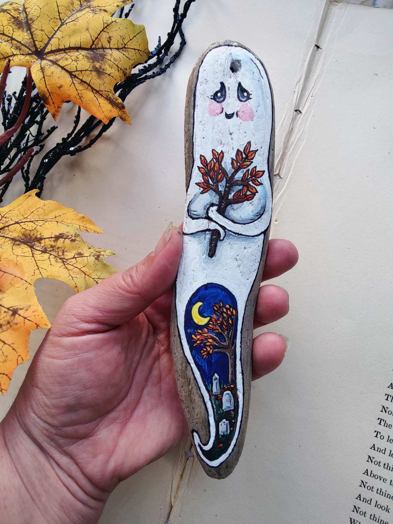 Cemetery GHOST with Fall Branch Painted Driftwood Ornament