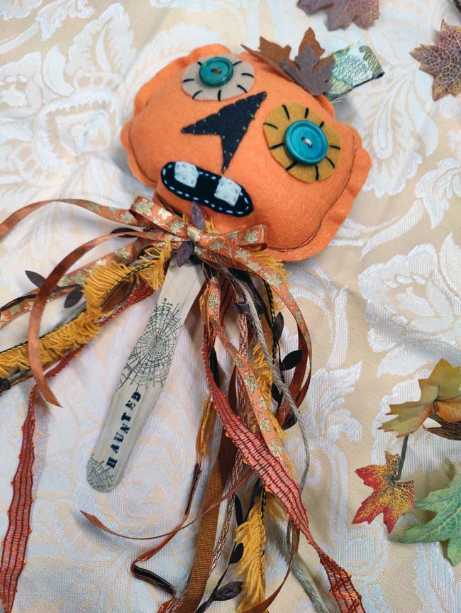 Handsewn Felt JACK-O-LANTERN PUMPKIN Stick Puppet Halloween Decoration