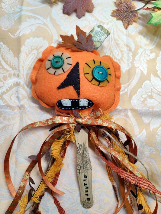 Handsewn Felt JACK-O-LANTERN PUMPKIN Stick Puppet Halloween Decoration