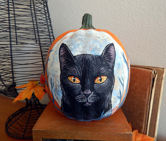 BLACK CAT Painted Faux Pumpkin, Halloween Kitty Pumpkin Decor