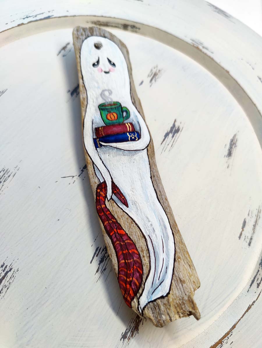 Book Loving GHOST with Blankie Painted Driftwood Ornament