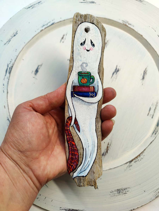 Book Loving GHOST with Blankie Painted Driftwood Ornament