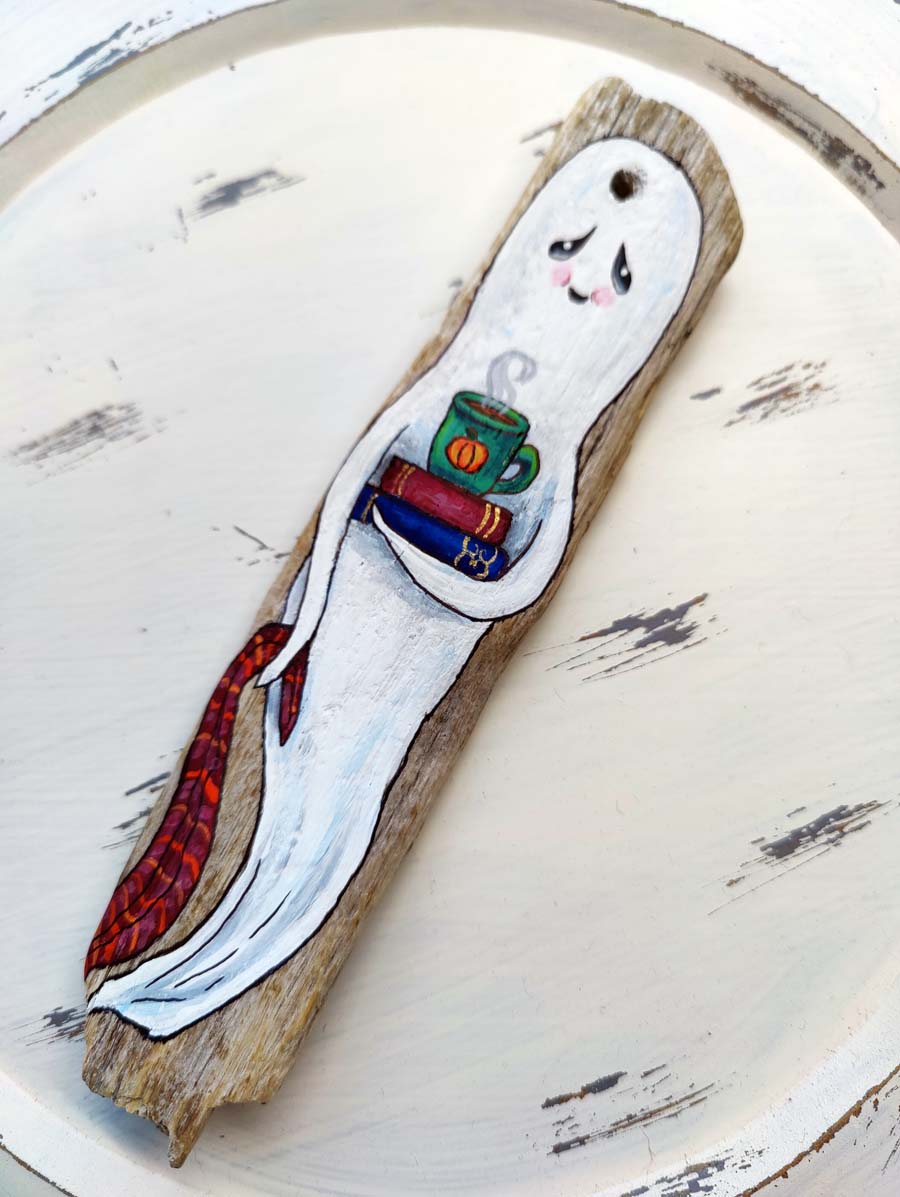 Book Loving GHOST with Blankie Painted Driftwood Ornament