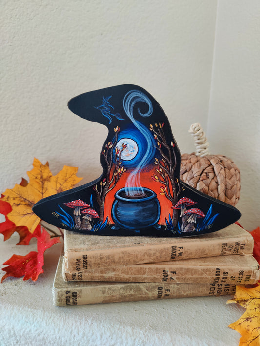 WITCH'S BREW Halloween Home Decor, Painted Wooden Witch Hat