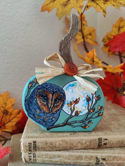 Autumn Leaves BARN OWL Decor, Painted Wooden Pumpkin