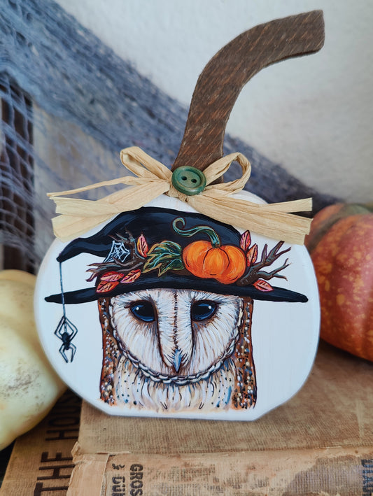 Barn Owl in Witch Hat Home Decor, Painted Wooden Pumpkin