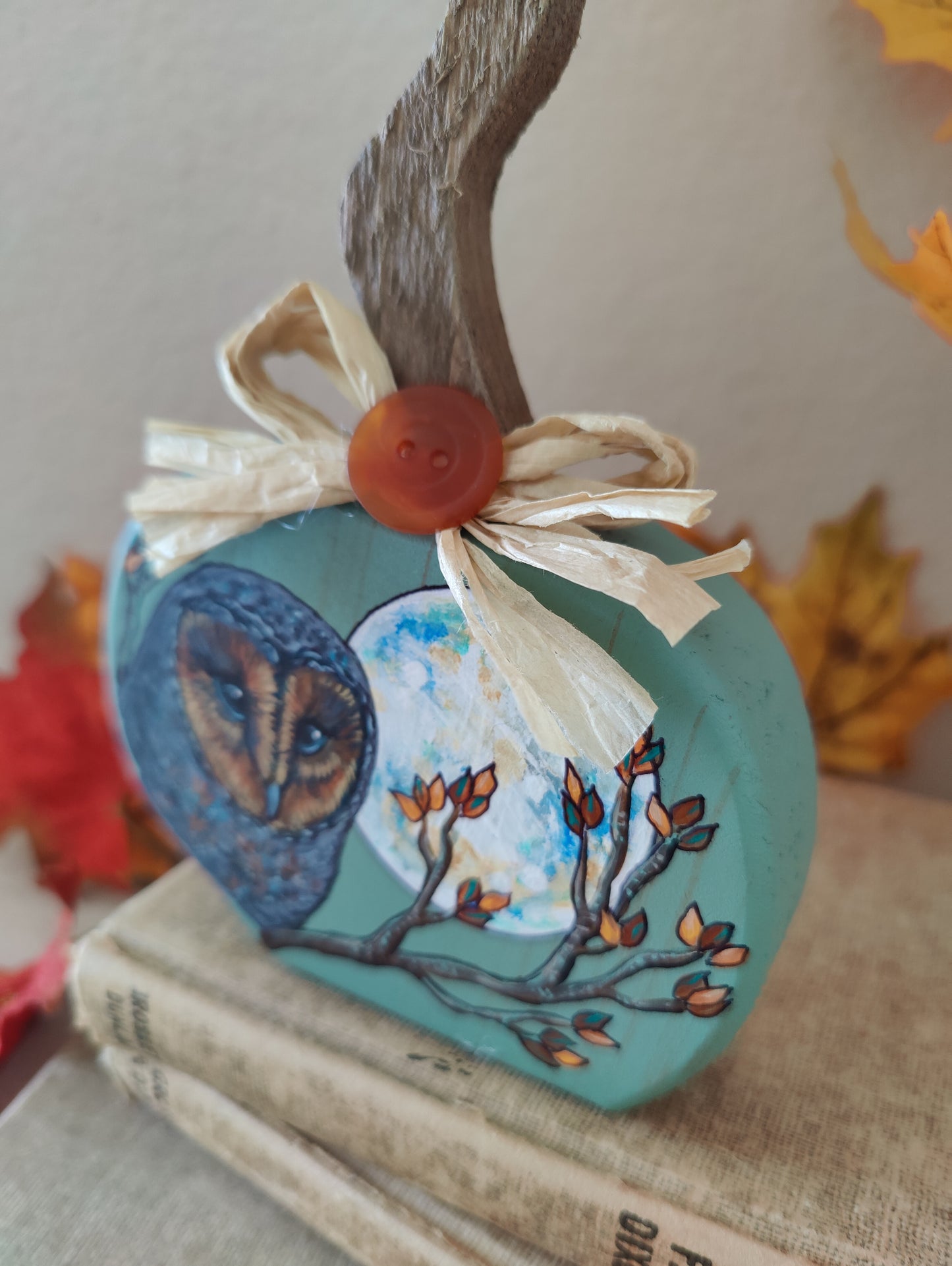 Autumn Leaves BARN OWL Decor, Painted Wooden Pumpkin