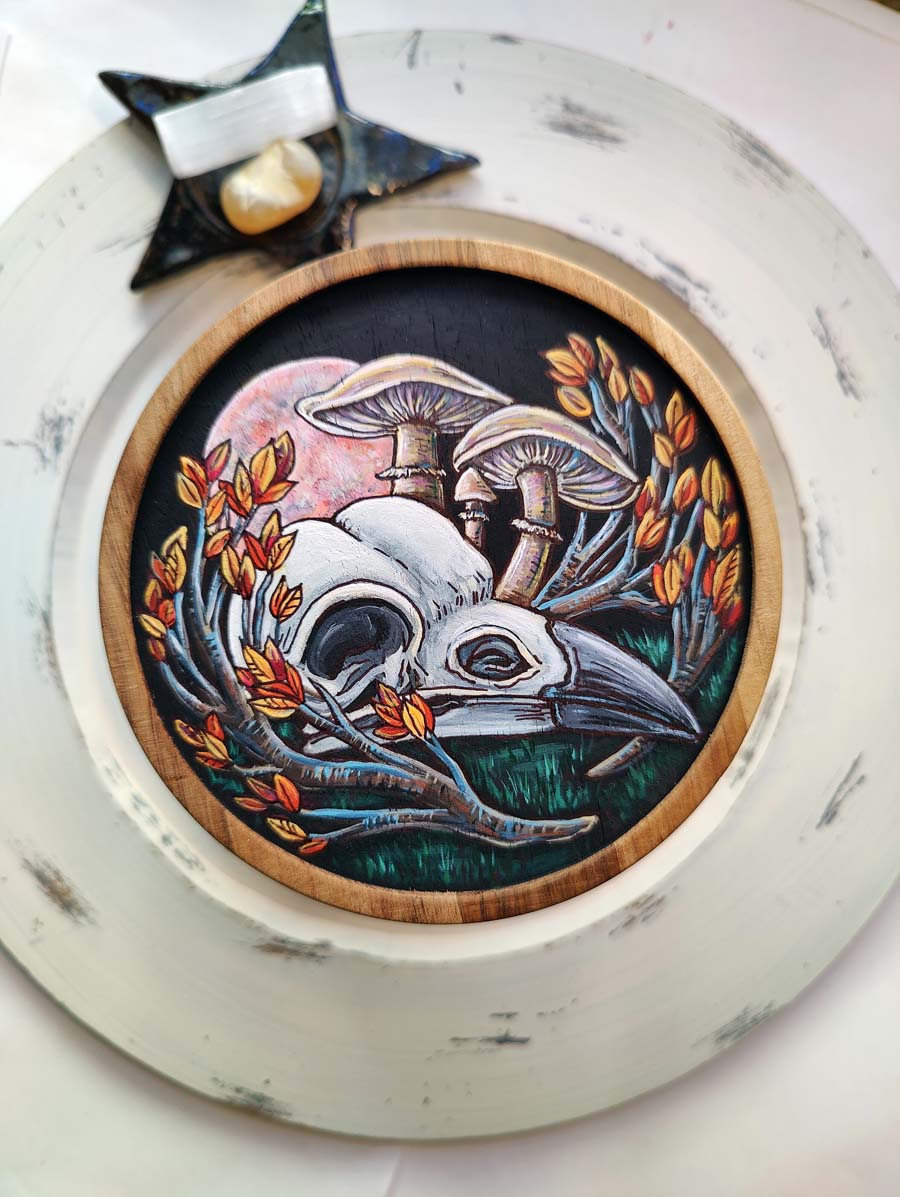 Autumn Night CROW SKULL Hand Painted Glass Storage Jar